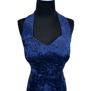 1980s Blue Velvet Halter Mini Dress – Crushed Stretchy Velvet Club Dress